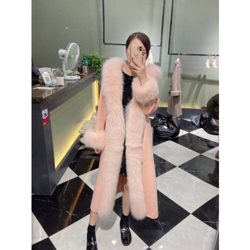 Female X-long Double-sided Fox Fur Collar Cashmere Coat 2021 New Autumn and Winter Long Jacket Ladies Style with belt