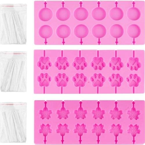 3pcs/set Cherry Blossoms Silicone Mold Round Paw Lollipop Chocolate Candy Mold DIY Handmade Soap Baking Tool with 36 Lollipop St