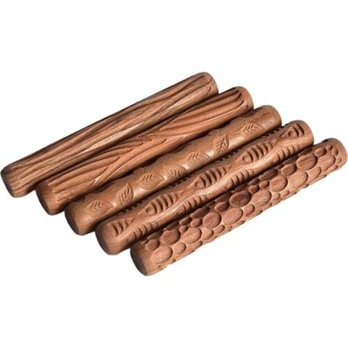 5Pcs Wooden 12cm Pottery Pattern Roller Fish Texture Clay Modeling Handle