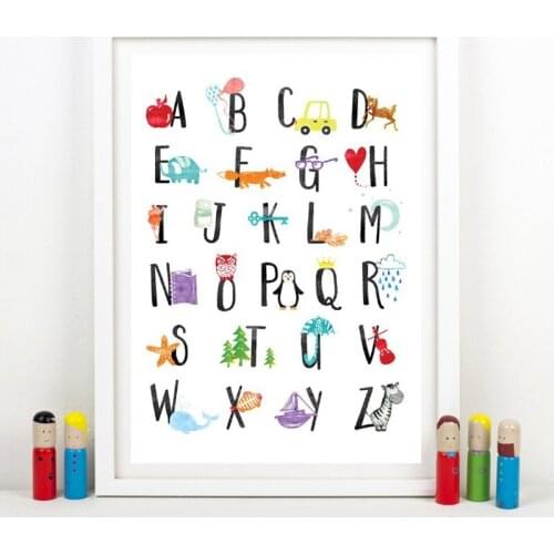 Alphabet Canvas Poster Nursery Wall Art Print , Funny ABC Alphabet With Animals Picture Children Bedroom Wall Art Decoration