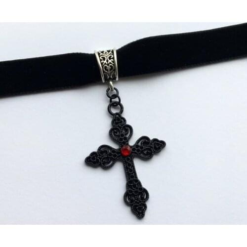 Black Velvet Choker with Gothic Cross - Goth Choker, Gothic Choker