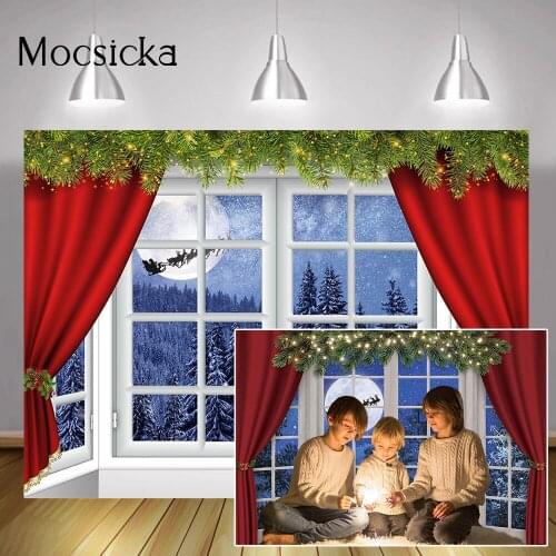 Christmas Window Photography Backdrop Winter Wonderland Snow Tree Birthday Backdrop Curtain Starry Sky Moon Reindeer Santa Photo