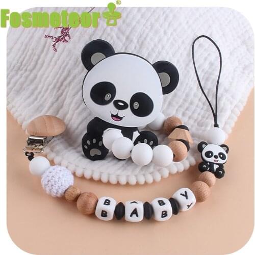 Fosmeteor 1set Baby Pacifier Chain Holder and Eco-friendly Panda Silicone Beads And Beech Beads Teether Bracelet Shower Gift