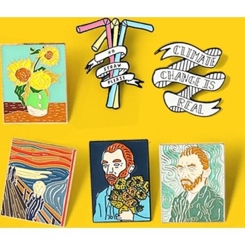 Genius Painter Van Gogh No Plastic Straws Enamel Lapel Pins Custom Art Oil Painting Brooches Badge Shirt Jewelry Gift for Friend