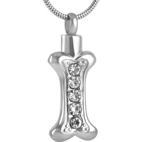 IJD8044 Wholesale Cheap Stainless Steel Crystal Dog Bone Cremation Urn Pendant Hold Pet Ashes Keepsake jewelry Necklace Women