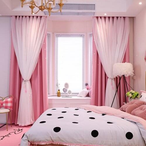 Korean Double Pink Princess Curtains For Living Room Hollow Stars Lace Curtain For Bedroom Shade Curtain Tulle Cloth Room Supply