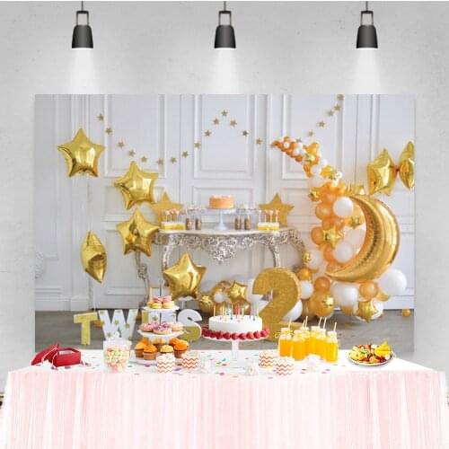 Laeacco Twins Baby Birthday Golden Balloon Moon Stars Photo Photography Background Photographic Backdrop For Photo Studio
