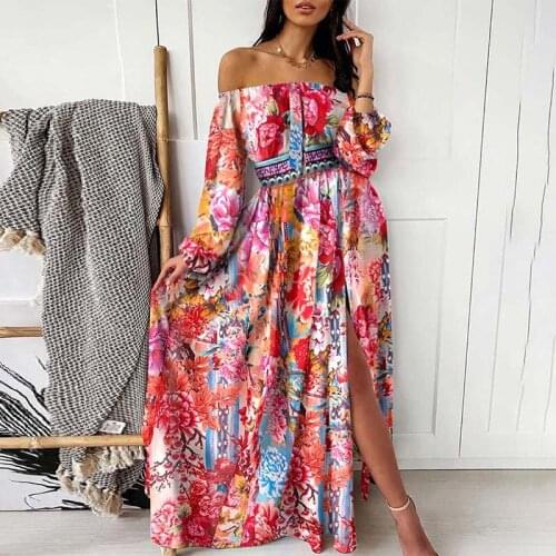 Summer Print Temperament Slash Neck Evening Party Dress Wrist Sleeve Big Swing Slit Long Women Streetwear Ladies Dresses