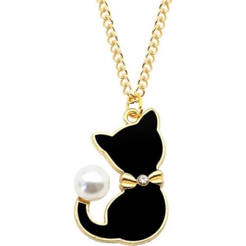 Fashion Enamel Cat Pearl Tail Choker Necklace For Women Gifts Cute Animal Necklaces Pendants Jewelry Dropshipping Colar