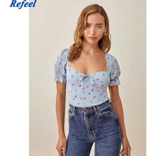 Fashion Slim Center Bow Blusas Vintage Camis France Floral Print Blue Flare Blusa Tank Top Feminina Summer Top