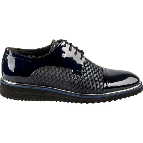 Male Navy Blue Japanned Leather Genuine Leather Classic Shoes FSC9010LACİ