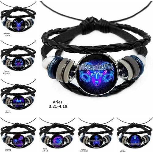 12 Constellation Zodiac Sign Woven Braided Leather Bracelet Leo Cancer Virgo Libra Glass Cabochon Punk Men Birthday Bracelet