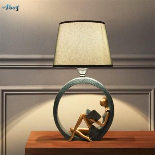 Read Lady Resin Table Lamps Bedroom Bedside Lamp Warm Living Room Nordic Style Home Deco Study Desk Lights Fabric Shade Fixtures