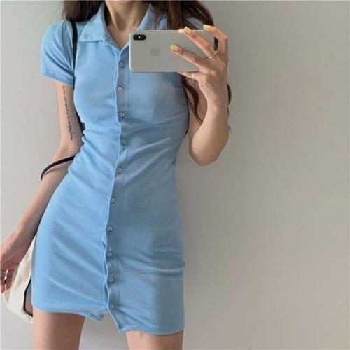 2021 NewVintage polo collar knit Dress Women Sexy Short sleeveMini Dresses Solid Streetwear Female Shirt Temperament waist dress