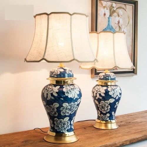 New Chinese Modern All Copper Ceramic table Lamps Blue And White General Jar, Living Room Bedroom Bedside Decorative Table Lamp