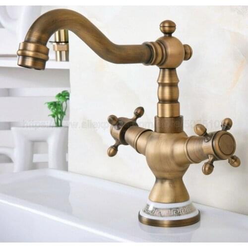 New Antique Brass Bathroom Sink Faucet Spout Double Cross Handle Bath Mixer Hot and Cold Tap znf604