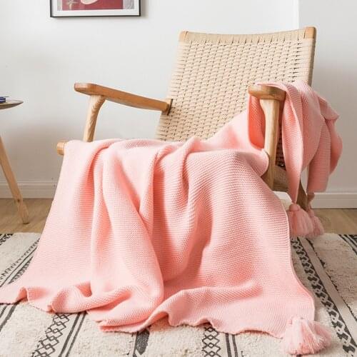Plain Blanket Sofa Knit Throw Blanket Solid Soft PomPom Tassels Blanket Travel 130x160cm Home Sofa Chair Couch Bed 50"x62"