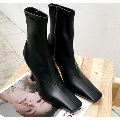 Sexy Black Genuine Leather Women Ankle Boots Square Toe 8CM High Heel Boot Slim Fit Botas Mujer Women Pumps Stiletto