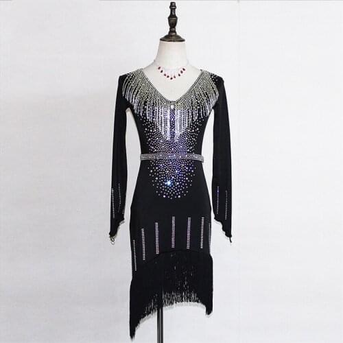 Latin Dance Dress Women Performance Flapper Dress Diamond Tassel Long Sleeve V-Neck Latino Dancing Competition Dresses