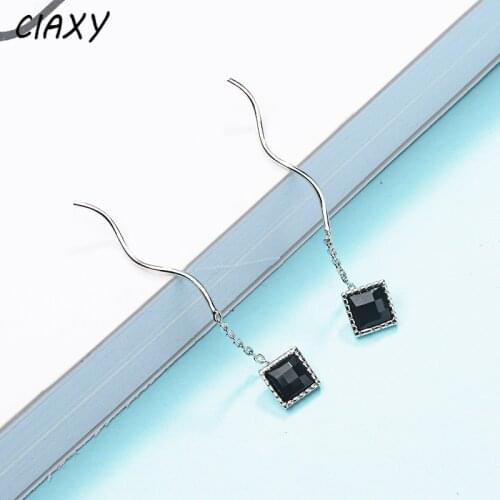 CIAXY 925 Sterling Silver Black Square Earrings Female Wavy Line Tassel Drape Earrings Simple Fashion Party Gift Jewelry