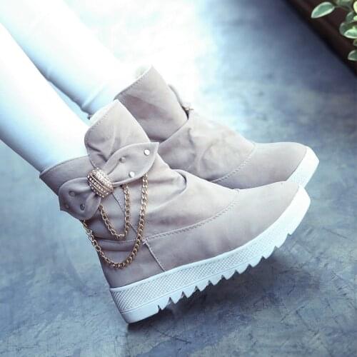 Bow Knot Flock Black Boots Plush Winter Ankle Boots for Women Shoes Woman Platform Wedges Thick Sole Chain Slip on Womens Boots