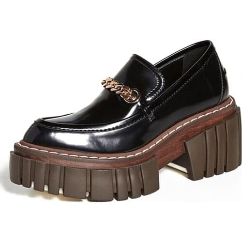 Woman‘s Pumps 2022 New Spring Loafers Shoes Genuine Leather High Heels Platform Black Pumps Retro Slip-On Round Toe Lady Shoes