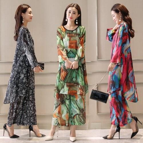 QPFJQD Autumn Summer New Retro Literary Printing Nine Quarter Sleeve Shirt + Ankle Length Pants Large Size Casual Womens Suit