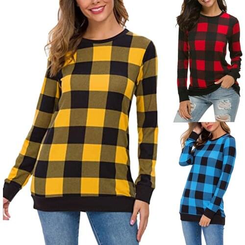 2021 New Womens Casual Plaid Printed Top Round Neck Long Sleeve Loose Blouse Top Comfy Daily High Quality Blouse חולצות נשים