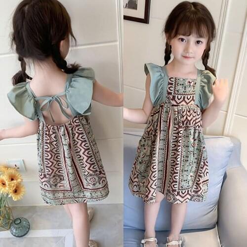 2021 New Childrens Flying Sleeve Dress Summer Girls' Sweet Vest Skirt Open Back Childrens Skirt 3-8 Years Old&Childrens Wear