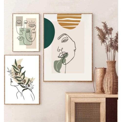 Boho Botanical Sun Vase Abstract Girl Face Line Wall Art Canvas Painting Posters And Prints Wall Pictures For Living Room Decor