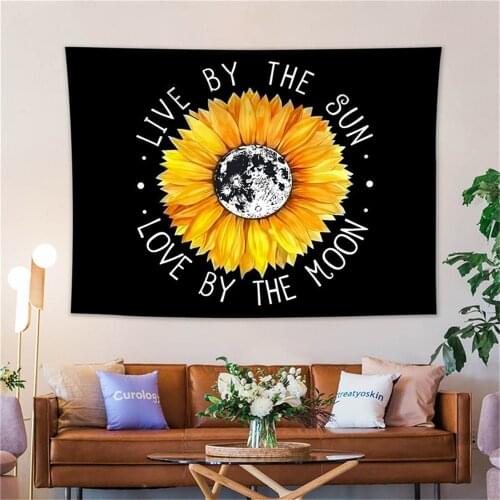 Boho Style Yellow Sunlfower Tapestry Wall Hanging Flowers Live by The Sun Love by The Moon Tapestry Motivation Quote Tapestry