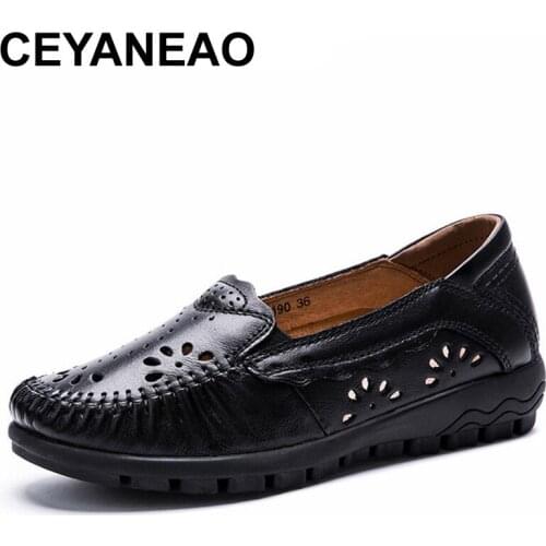 CEYANEAO New Womens Casual Shoes Real Leather Woman Flats Handmade Female Loafers Mother Boat Shoe Breathable Single Shoes