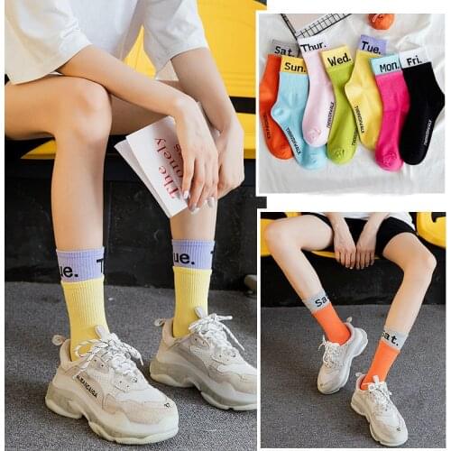 Dreamlikelin Female Fashion Socks Week Sunday Letter Print Candy Color Streetwear Socks For Lady