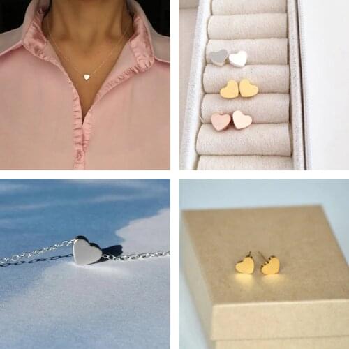 Rose Gold Minimal Heart Jewelry Sets Charm Women Wedding Bridal Gifts Stainless Steel Dainty Pendants Necklaces And Stud Earring