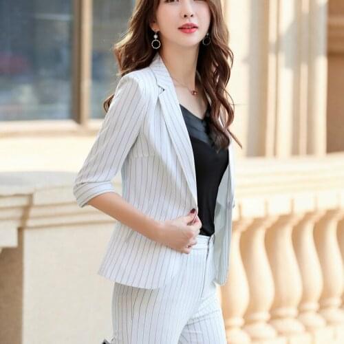 Ladies suit summer new sleeves striped small suit womens jacket casual thin section suit suit pants suit womens two-piece suit