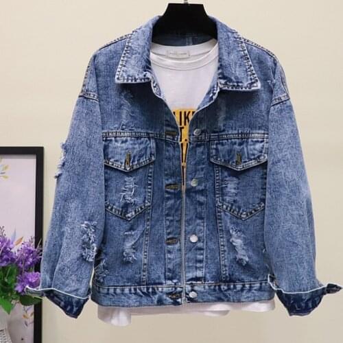Boyfriend Style Women Loose Fit Denim Jacket Hole Ripped Floral Embroidery Jean Jacket Hip Hop Batwing Sleeve Streetwear Jacket