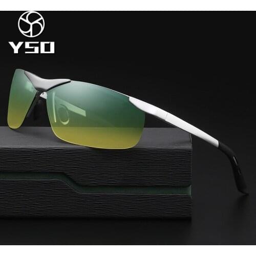 YSO Sunglasses Men Polarized UV400 Aluminium Magnesium Frame HD Night Vision Driving Glasses Semi Rimless Accessory For Men 6806