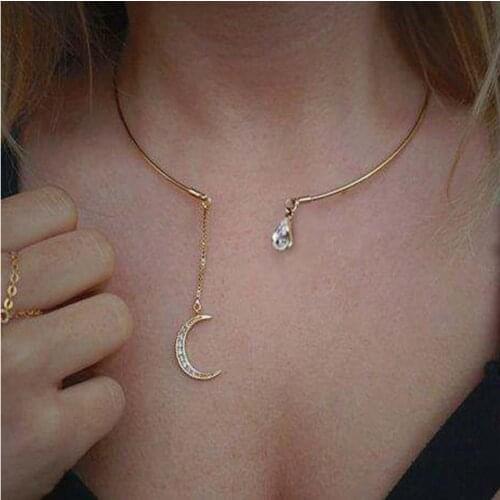 New Fashion Moon Color Water Circular Open Pendant Necklace For Women Girl Colouful Rhinestone Gold Necklace Female Jewelry Gift