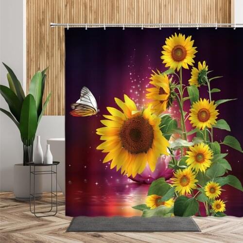 Sunflower Butterfly Shower Curtain Gold Yellow Flower Creative Bathroom Bath Decor Spring Nature Floral Scenery Printed Curtains