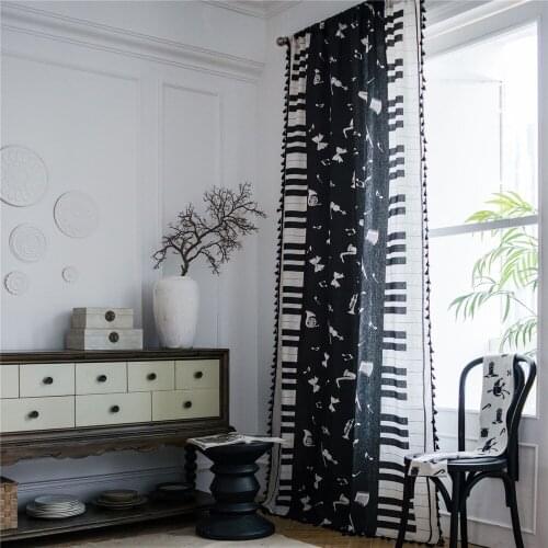 1.5M Width Piano Keyboard Printed Half Blackout Curtain Living Room Bay Window with Vintage Tassel Curtain