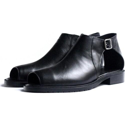 High top summer men shoes solid black shoes for men handmaden genuine leather fashion Fish mouth men sandals