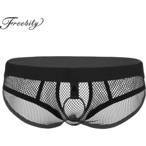 Sexy See Through Fishnet Men Lingerie Hollow Out Jockstrap Low Rise Open Bulge Pouch Bikini Briefs Underwear with Metal O-Ring