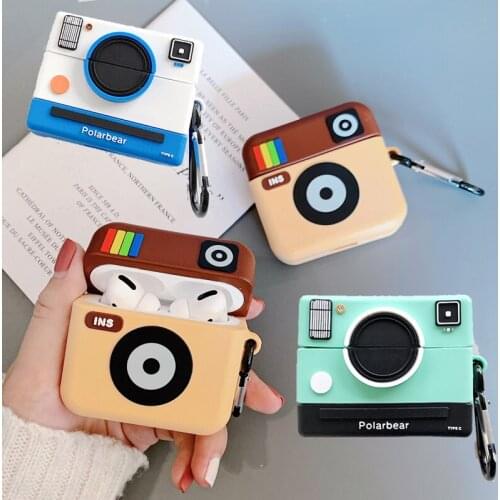 For Airpods 2 1 3D Cute Cartoon ins Camera Silicone Case for Apple Air pods 3 Wireless Earphone Cover Earbuds Accessories Strap