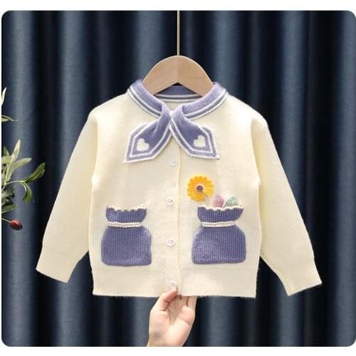 Girls lapel sweater baby embroidered cardigan