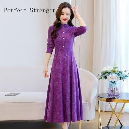 2021 Autumn Winter New Arrival Retro Stand Collar Long Sleeve Collect Waist Jacquard Weave Women Long Knitting Cotton Dress