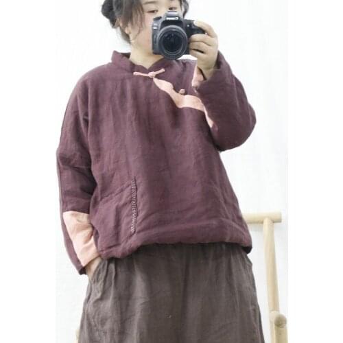 Women Winter Patchwork Padded Coat Outerwear Parkas Ladies Vintage Spliced Cotton Linen Topcoat Female Coat