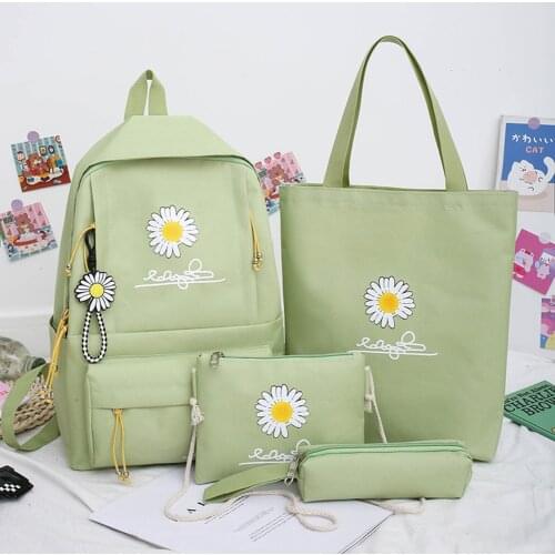 4pcs/Set Daisy Print Backpacks Canvas School Rucksack Teenager Girls Travel Shoulder Bags Students Pen Clutches