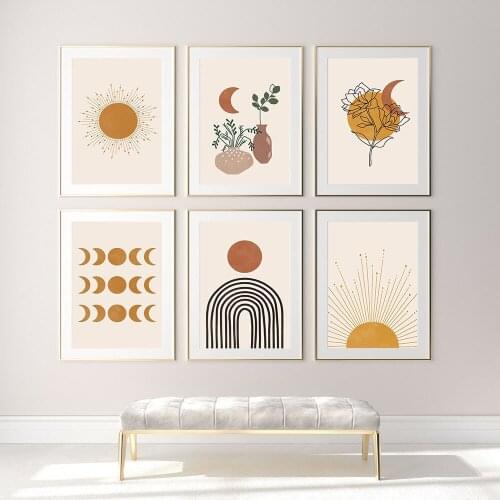 Abstract Floral Boho Sun Line Moon Phases Minimalist Canvas Painting Poster Print Wall Art Pictures Living Room Interior Decor