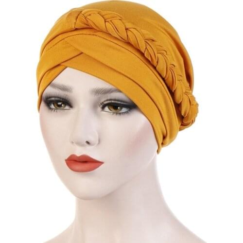 Women Ladies Muslim Hair Loss Stretch Turban Caps Cancer Chemo Hat Solid Color Braid Head Scarf Beanie Bonnet