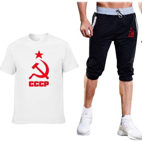 Summer Mens T-Shirt CCCP Russian USSR Soviet Union Print Solid color casual trend Mens short sleeve + 3/4 jogging shorts 2-pie